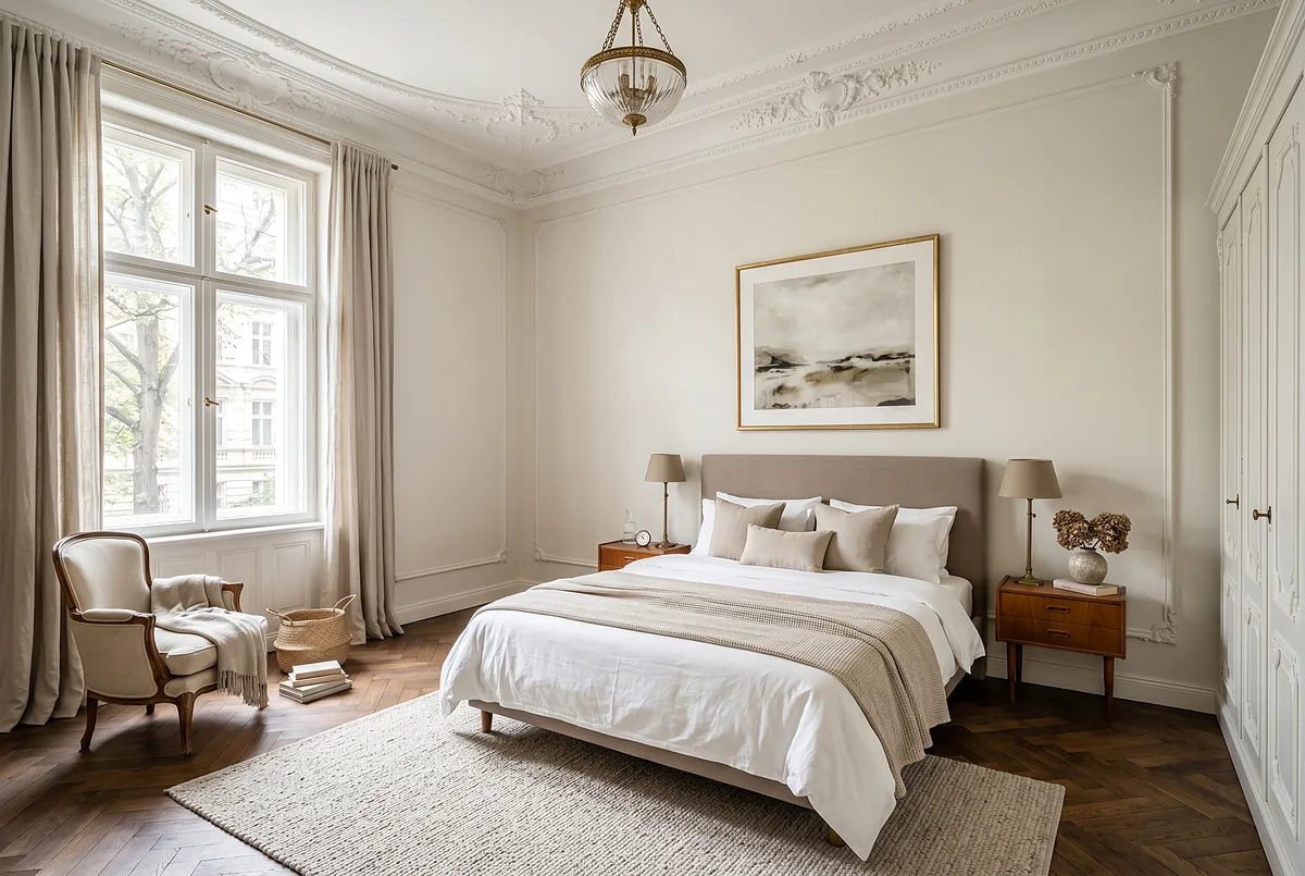 Schlafzimmer mit Fischgrätparkett